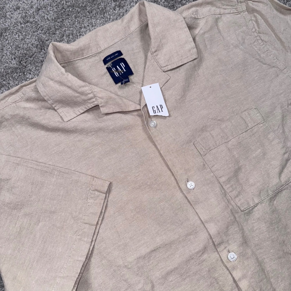 GAP Linen Blend Camp Collar Shirt Mens Short Sleeve Tan Large NEW